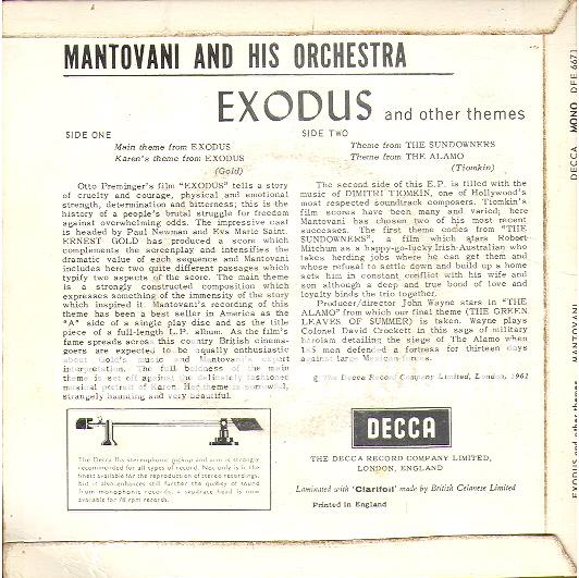 Main theme from Exodus - Karen's theme from Exodus - Theme from The Sundowners - Theme from The Alamo